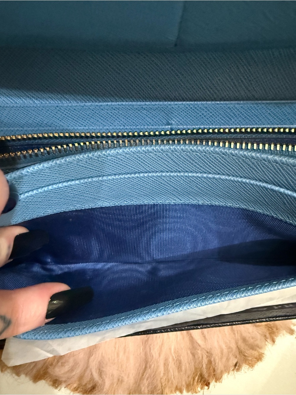 Prada Saffiano Lux Bow Continental Wallet Light Blue Gold Hardware W/ Chain Card - Picture 12 of 16